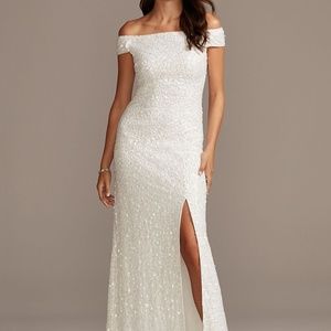 White sequin off the shoulder long wedding/party dress